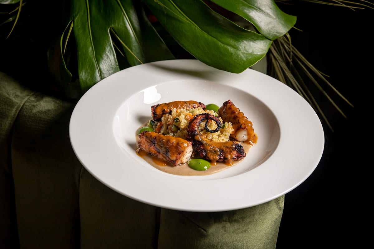 Un piatto di Reserva con polpo arrosto, presentato sul bracciolo di una poltroncina, con foglia tropicale sullo sfondo