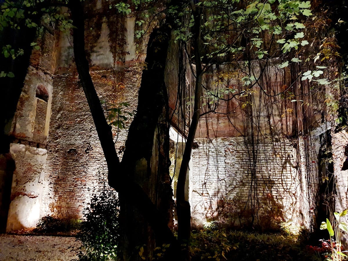 Il giardino segreto di ASVN a Milano, con ruderi e grande albero, di notte