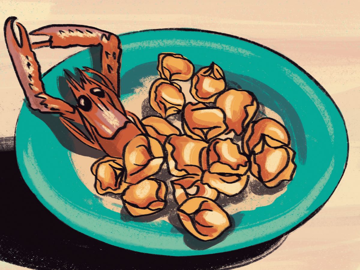 Tortellini e scampi. Disegno di Daniela Bracco