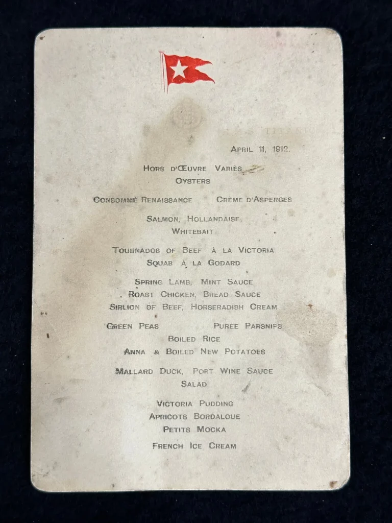 Il menù della cena di prima classe dell'11 aprile 1912