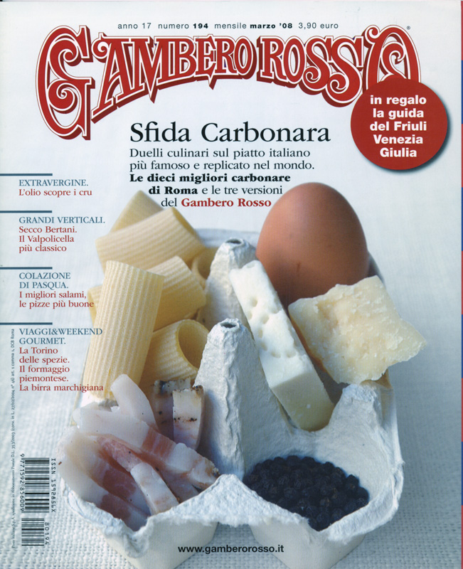 La copertina del Gambero Rosso di marzo 2008: in primo piano il "tradimento" della Carbonara