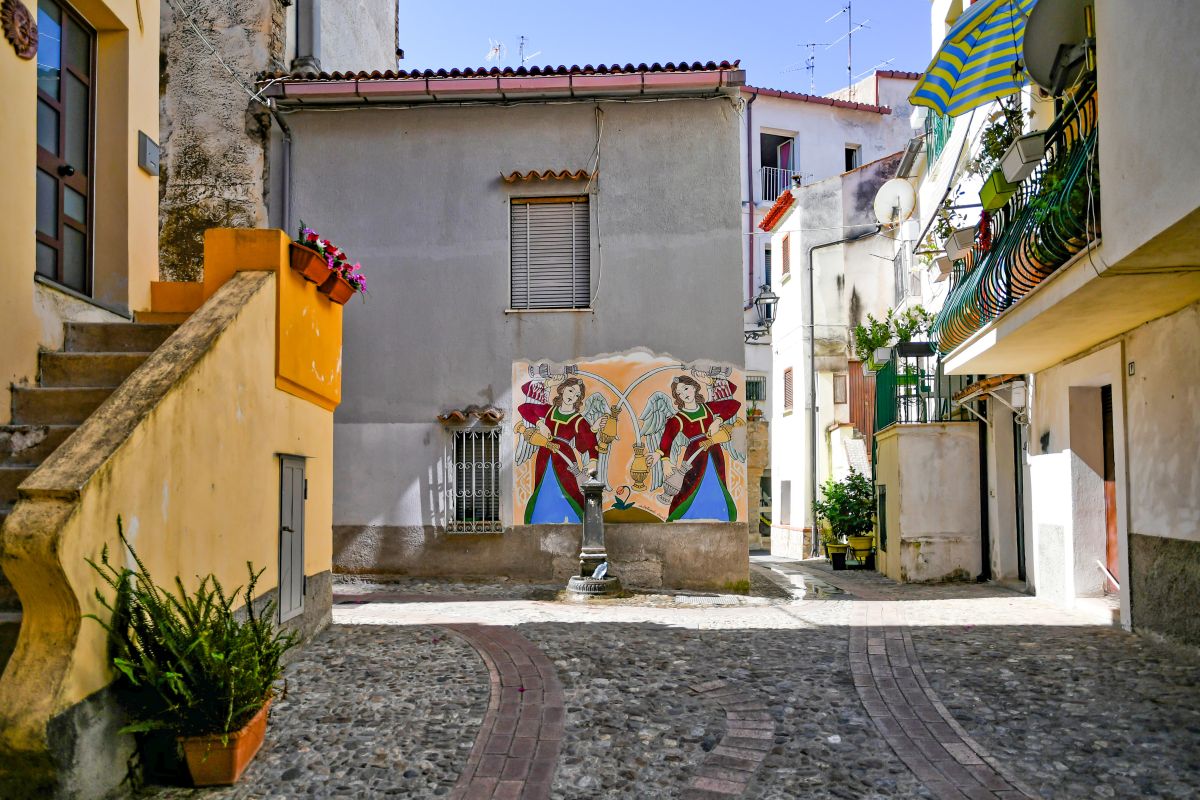 Narrow street in Diamante, a village in Calabria, Italy.