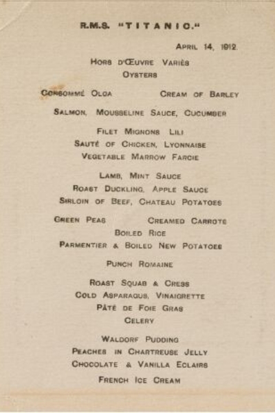 menu di Prima classe Titanic 14 aprile