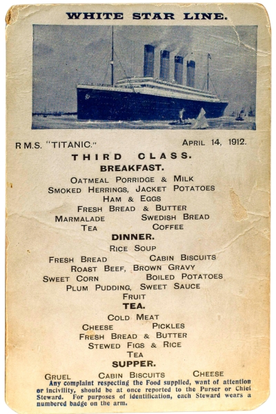menu di Terza classe Titanic 14 aprile