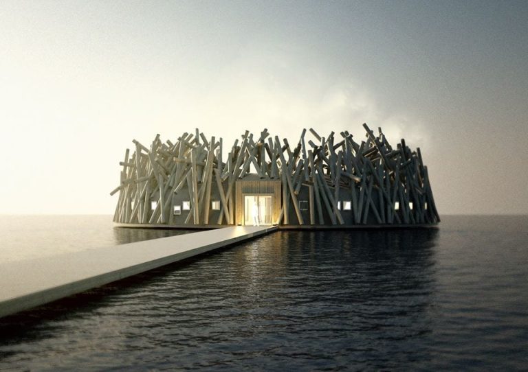 La struttura galleggiante dell'Arctic Bath Hotel|||La sruttura a nido dell'Arctic Bath Hotel|