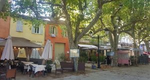 Bistrot francesi sotto i platani di Villecroze||Finte escargot di sfoglia sulla tavola di un bistrot di Villecroze