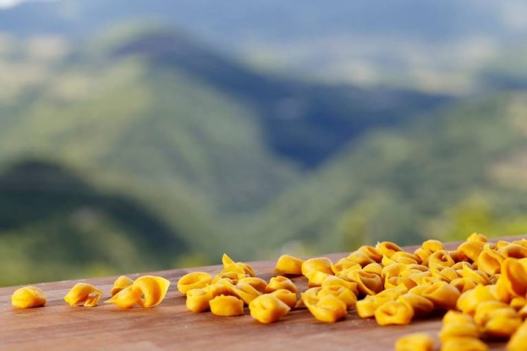 Tortellini e sullo sfondo le colline bolognesi|Tortellini con panna d'affioramento dell'Antico Osteria Mirasole|