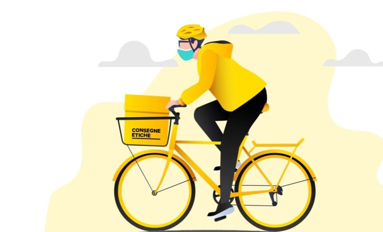 Il logo di Consegne Etiche: un rider su bici gialla