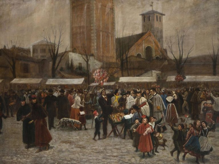 La Fiera Degli O Bej O Bej Con La Basilica Di Sant'ambrogiosullo Sfondo - Dipinto di Giuseppe Barbaglia|cosa fare agli Obej Obej milano||