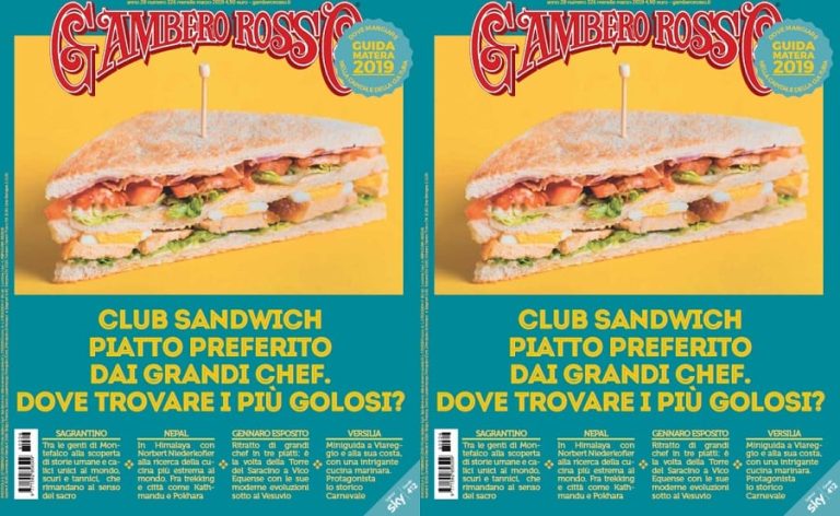 Due copertine del mensile del Gambero Rosso di marzo con club sandwich su sfondo blu||Club sandwich||Un piatto di Gennaro Esposito|