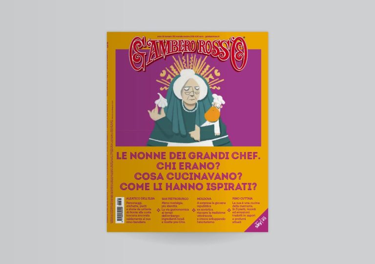 La copertina del Gambero Rosso illustrata da Gianluca Biscalchin|San Pietroburgo al tramonto sulle pagine del Gambero Rosso|||mensile ottobre 2019 Gambero Rosso