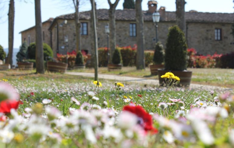 Il relais riserva di Fizzano visto dal prato fiorito