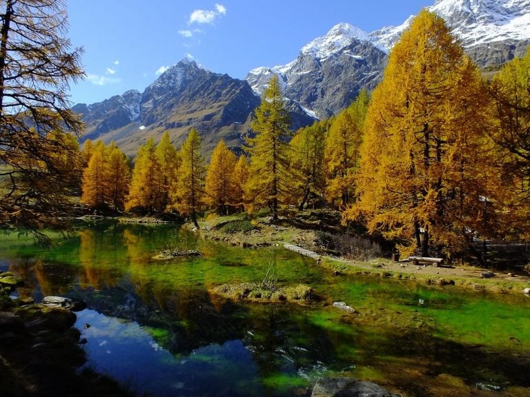 Lago Bleu in Valle d'Aosta|Piatto dal menu della Trattoria di Campagna|Interno della trattoria Coppapan|Tavola apperecchiata da Coppapan