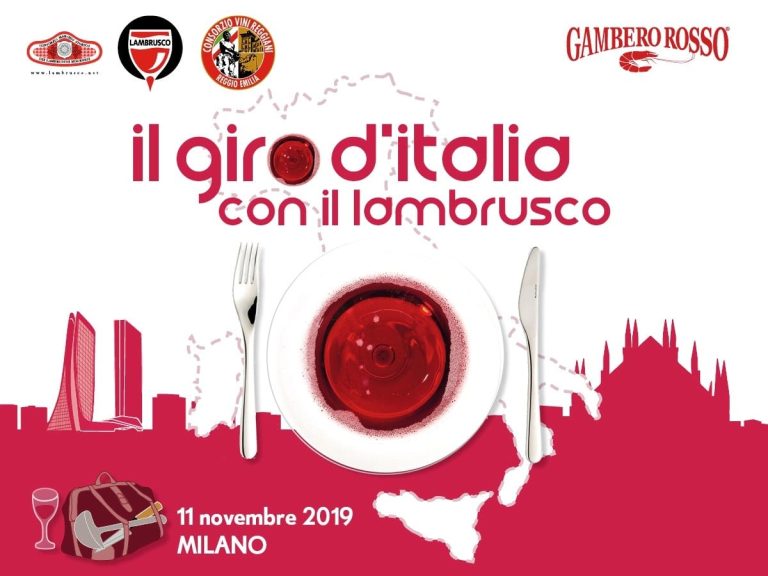 La locandina di Giro d'Italia con il lambrusco|Un piatto di tortellini e un bicchiere di lambrusco|Lambrusco versato in calice dalla bottiglia