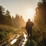 Silhouetted of a hunter with shotgun at beautiful sunset