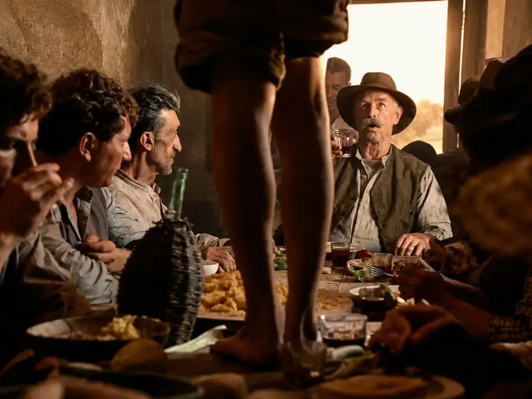 Olmo cammina sulla tavola dei contadini in Novecento di Bertolucci