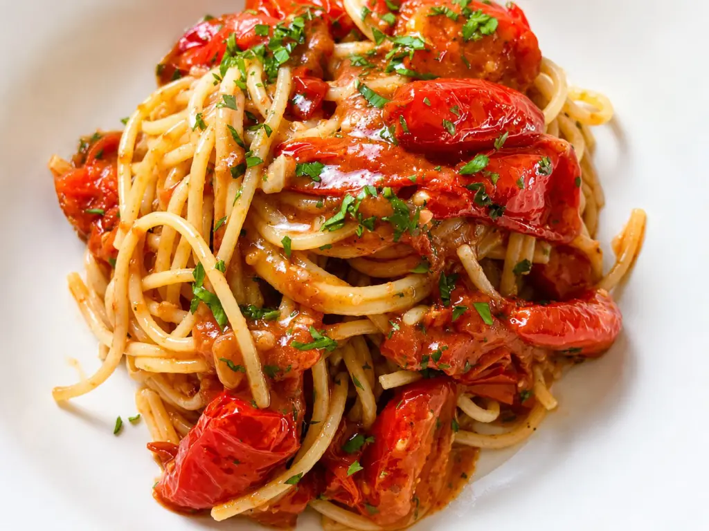 Piatto di spaghetti freddi con pomodoro ed erbe aromatiche