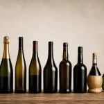Confronto tra diverse bottiglie di vino, tra cui bordolese, borgognotta e champagnotta, su sfondo chiaro