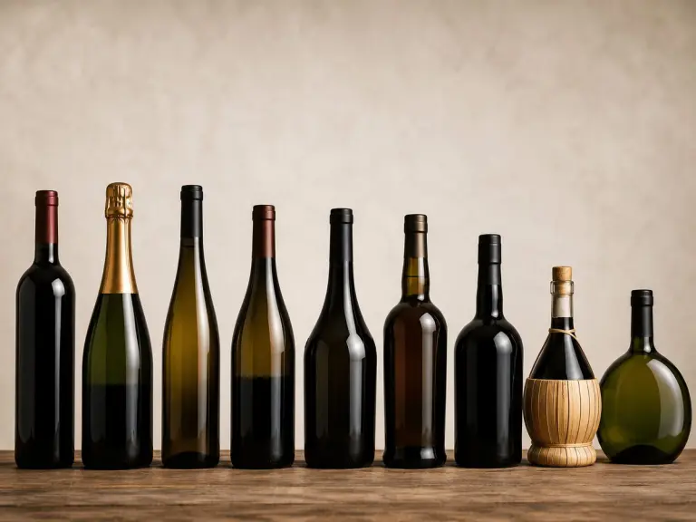 Confronto tra diverse bottiglie di vino, tra cui bordolese, borgognotta e champagnotta, su sfondo chiaro