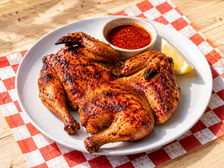 Pollo frango piri piri grigliato e glassato con salsa piccante servito su un piatto in Portogallo