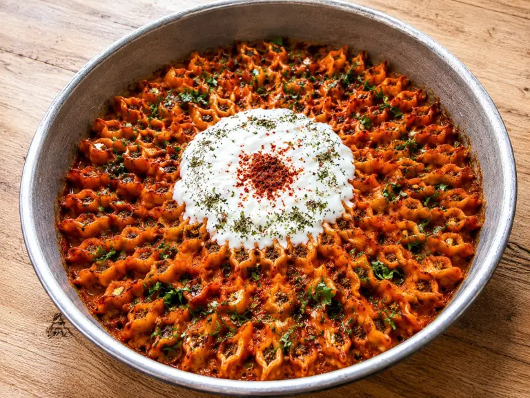 Manti turchi serviti con yogurt, burro speziato e menta essiccata.