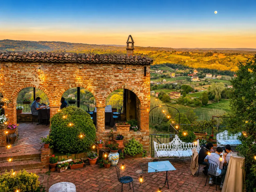 La terrazza dell’Osteria del Vicario affacciata sulle colline toscane a Certaldo Alto