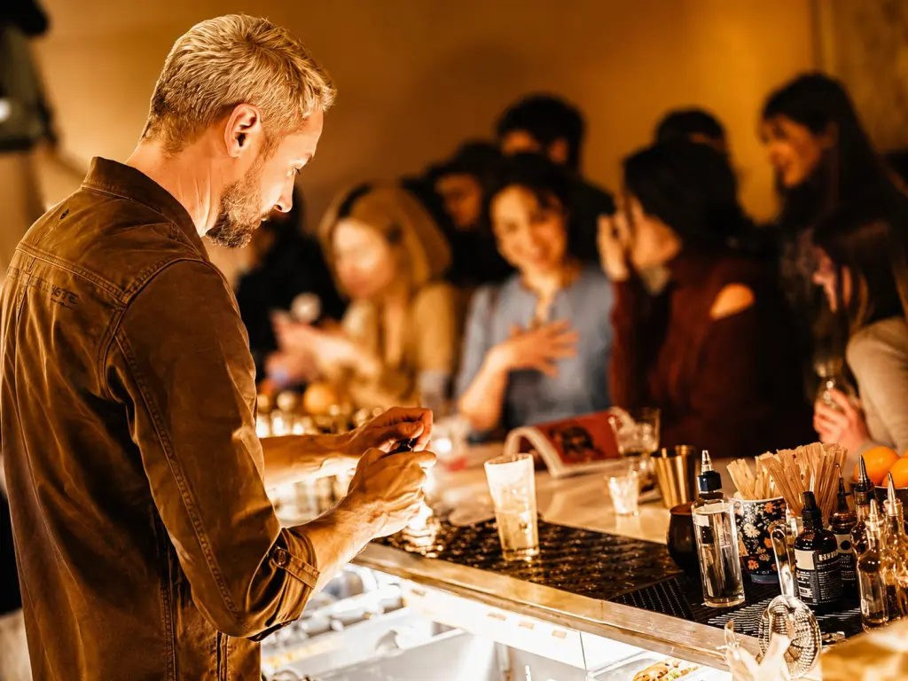 Bancone di cocktail bar affollato ai Navigli di Milano con bartender al lavoro e drink colorati serviti ai clienti