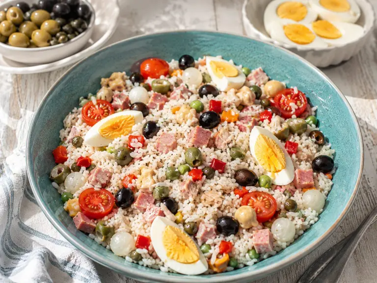 Insalata di riso con pomodori, prosciutto cotto, olive, uova sode
