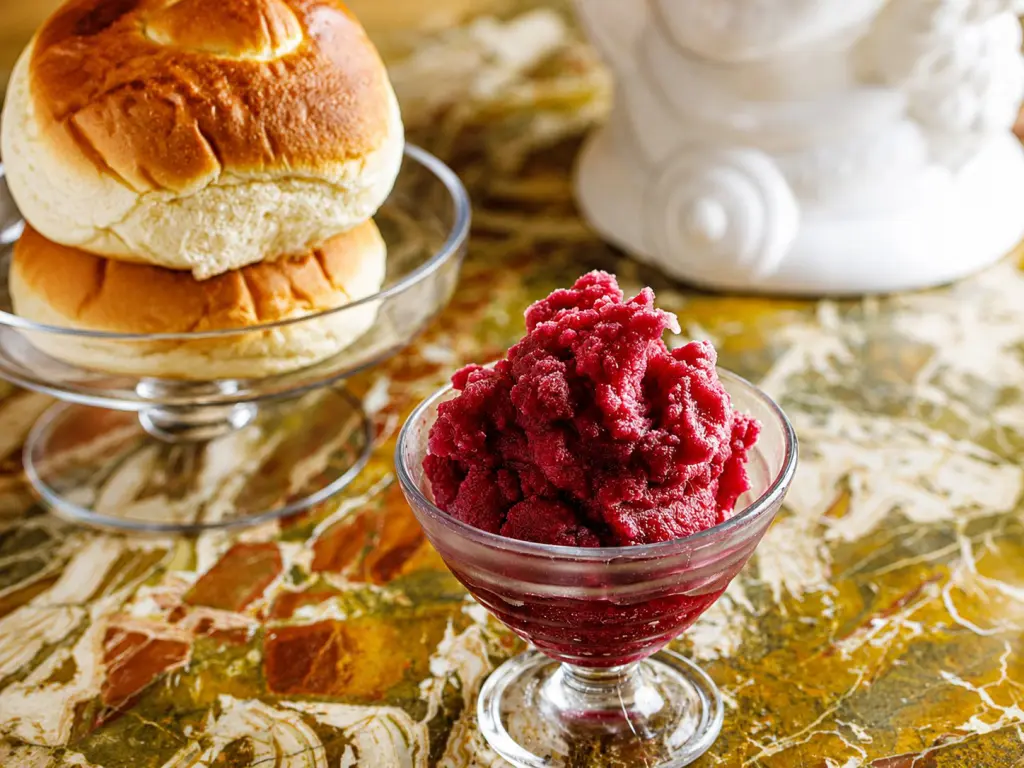 Granita siciliana artigianale servita con brioche col tuppo, simbolo della tradizione della Sicilia orientale