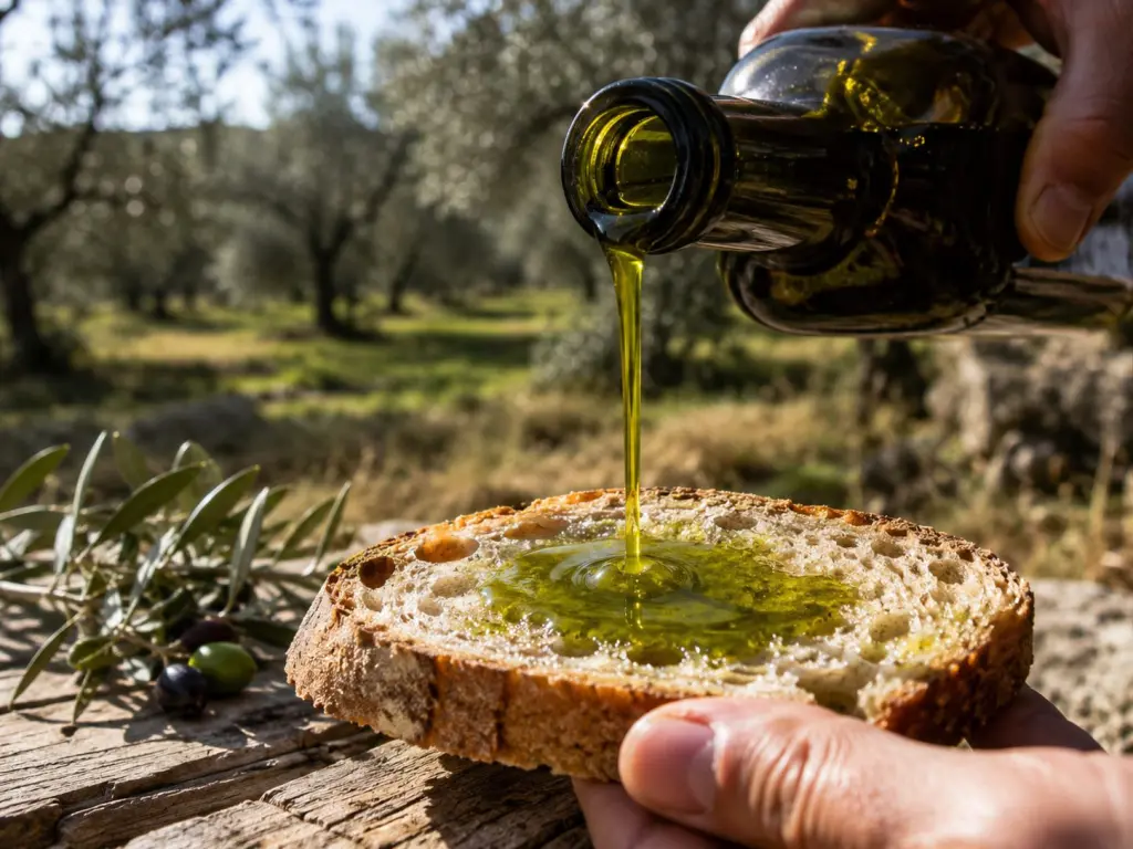Olio extravergine del Lazio versato su pane con oliveto sullo sfondo