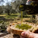 Olio extravergine del Lazio versato su pane con oliveto sullo sfondo