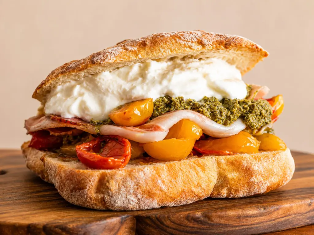 Panino di Porcellino Divino ad Assisi con stracciatella, pesto e pomodorini confit