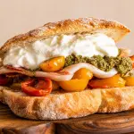 Panino di Porcellino Divino ad Assisi con stracciatella, pesto e pomodorini confit
