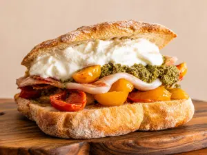 Panino di Porcellino Divino ad Assisi con stracciatella, pesto e pomodorini confit