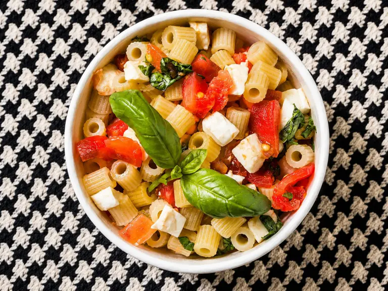 Piatto di pasta alla checca con pomodorini, mozzarella e basilico