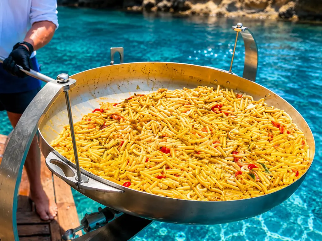Preparazione di un piatto di pasta sul ponte di una barca in mare