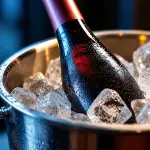 Bottiglia di vino rosso servita nel ghiaccio con due calici durante un aperitivo estivo all'aperto
