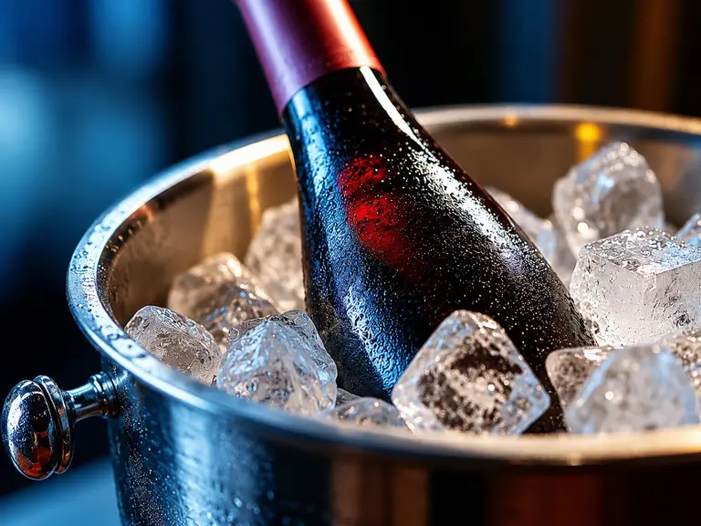 Bottiglia di vino rosso servita nel ghiaccio con due calici durante un aperitivo estivo all'aperto
