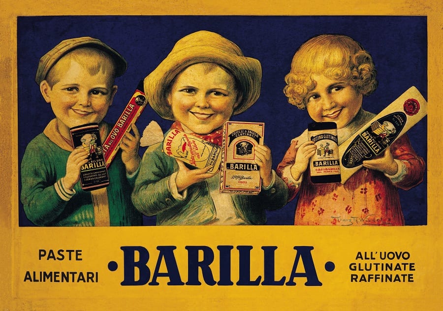Una pubblicità della pasta Barilla con tre bimbi che promuovono la pastina glutinata