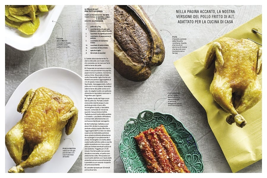 due pagine di una rivista sul cibo con ricetta del pollo