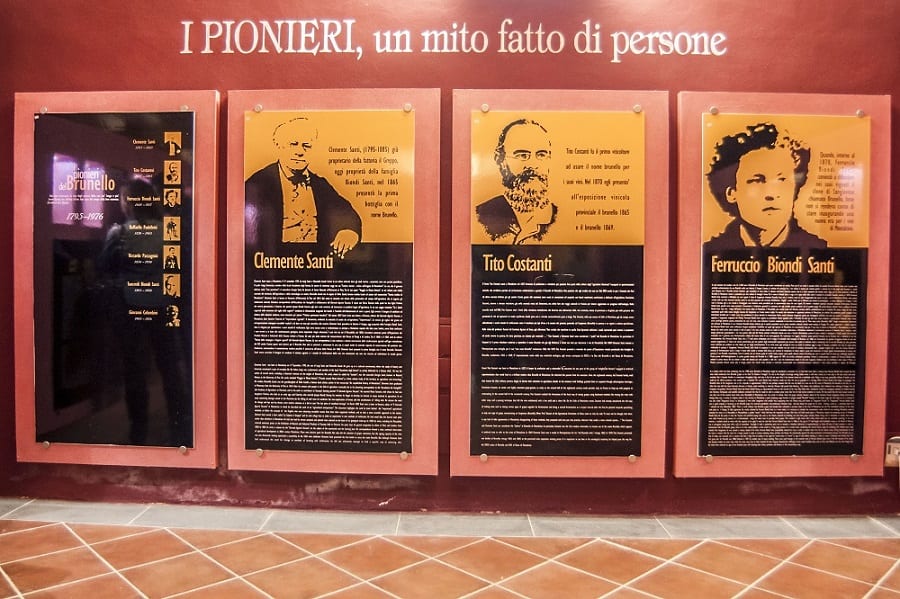 Foto del Museo del Brunello con i pannelli sui pionieri di questo vino
