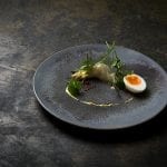 Dabbous - Smoked halibut pickled celeriac a soft boiled egg