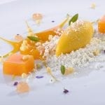 Crema gelata di mandarini con Maria Luisa gel di arancia e perle di limone