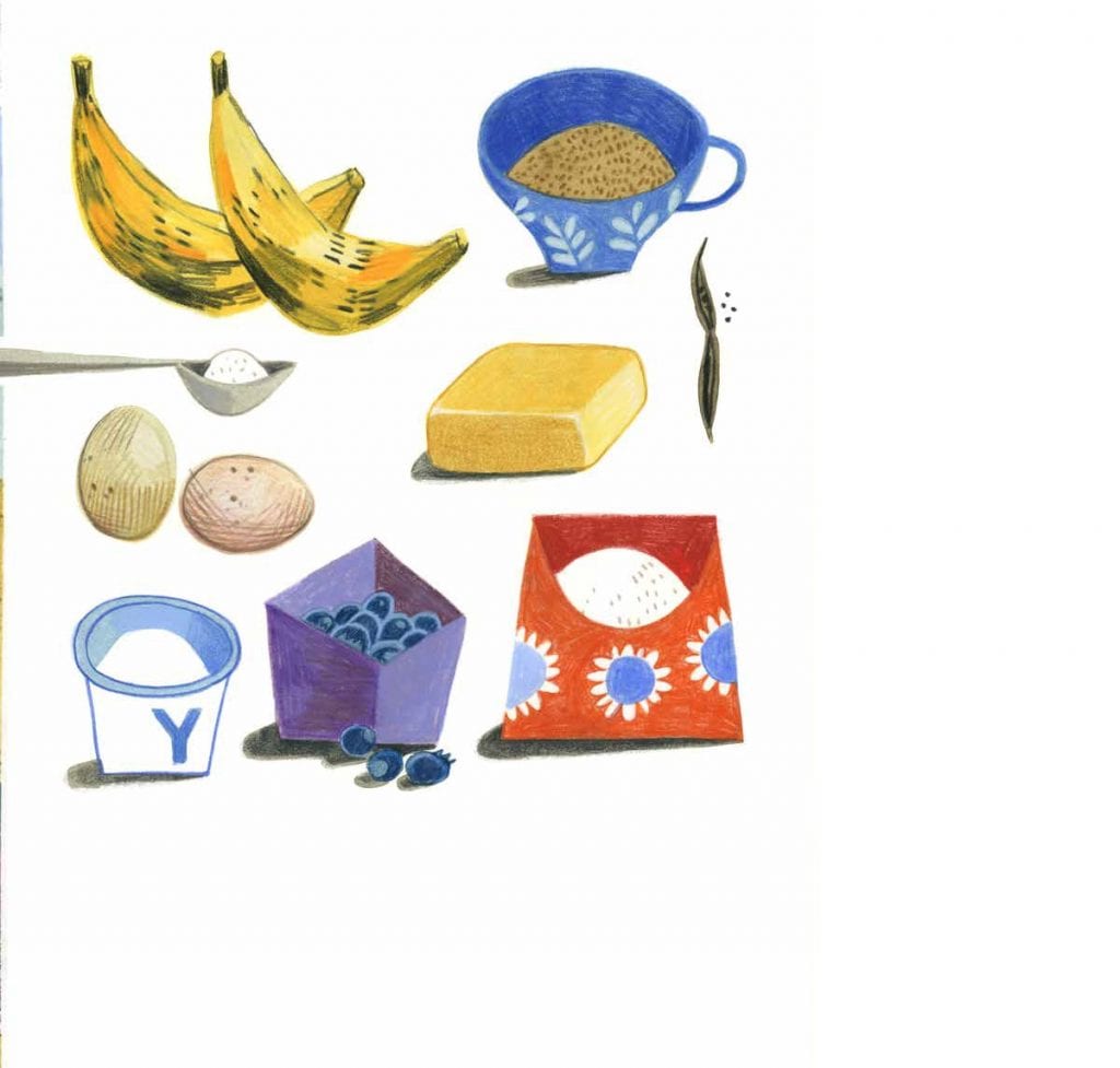 Una pagina che illustra gli ingredienti della torta di banane e mirtillo nel libro UNA FESTA IN VIA DEI GIARDINi