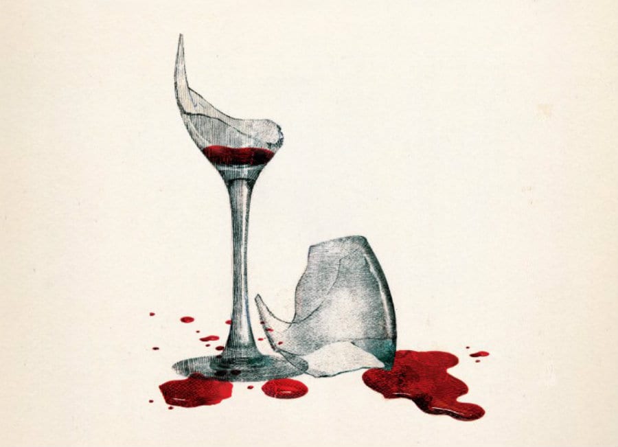 Un calice di vino rosso rotto. Disegno di Maurizio Ceccato