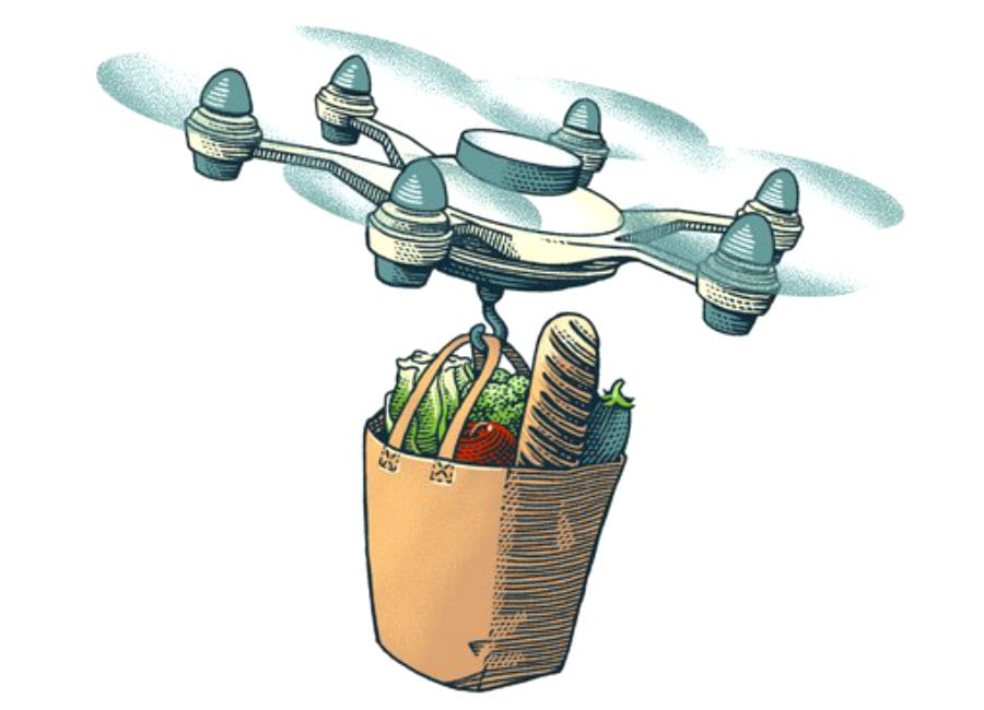 Drone che porta del cibo. Disegno di Marcello Crescenzi