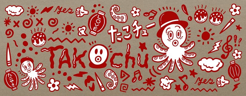 Il logo di Takochu a Milano, disegni rossi su fondo grigio con polpo a fumetti