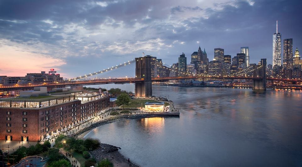Un render del Time Out Market sull'East River, con il ponte di Brooklyn sullo sfondo